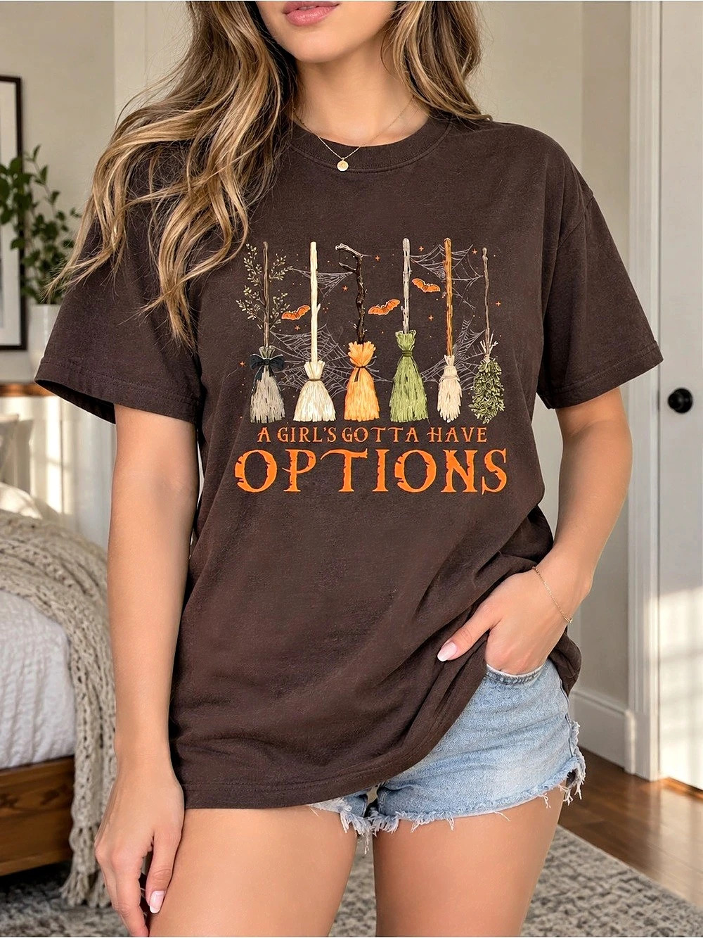 Witch Broom Halloween Shirt A Girl’s Gotta Have Options Spooky Graphic Tee